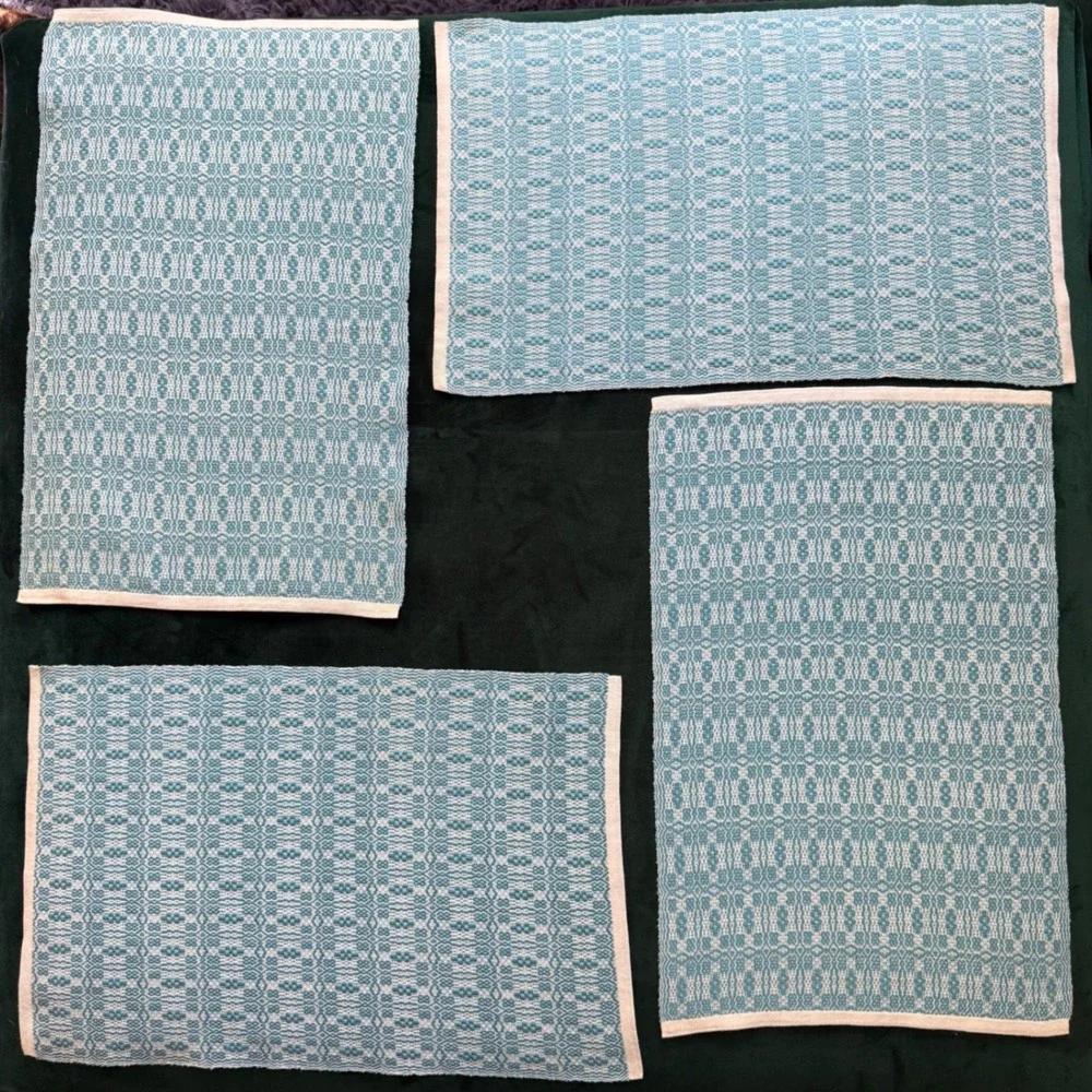 Vintage Handwoven Teal and White Geometric Placemats Set of 4‎ Rectangular 18x12